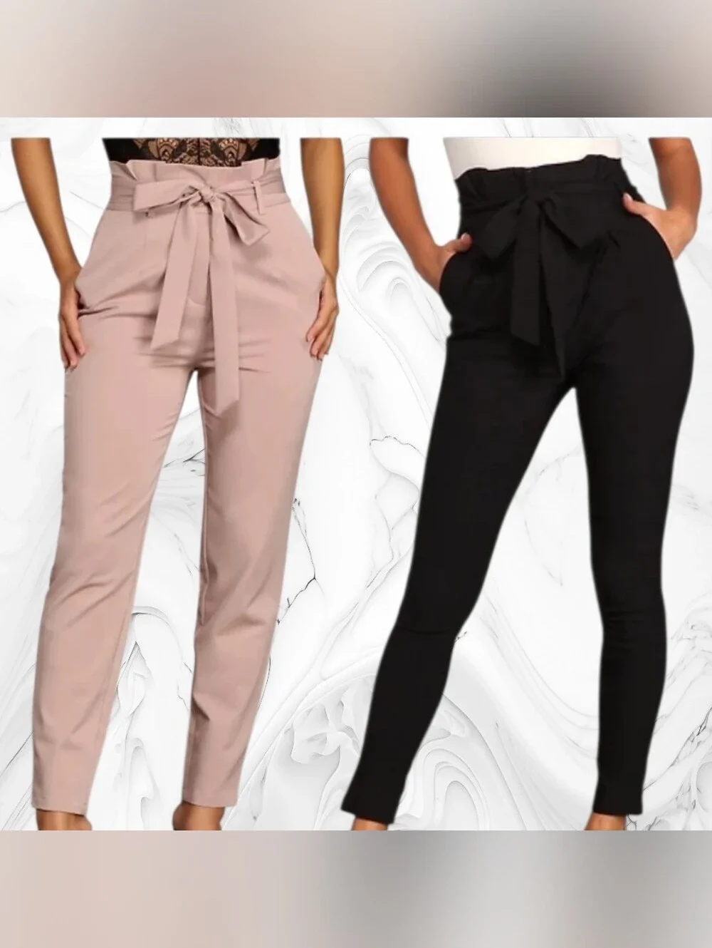 2 High-Waist Paperbag Tie Pants - Black & Blush